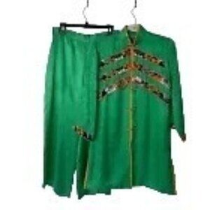 Vintage Womens Loungewear Set Size Medium Green Asian Floral Two Piece Pure Silk